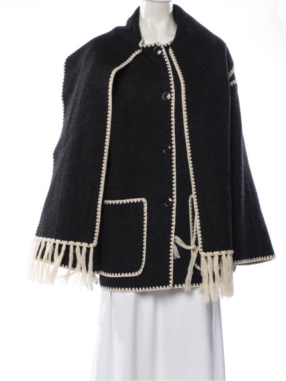 Toteme Dark Grey Wool Fringe Cape with Cream Trim Like New